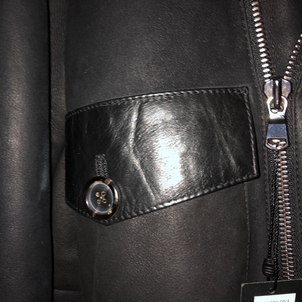 Real Shearling Kenneth Cole real genuine leather Moto biker jacket black S - Picture 4 of 6